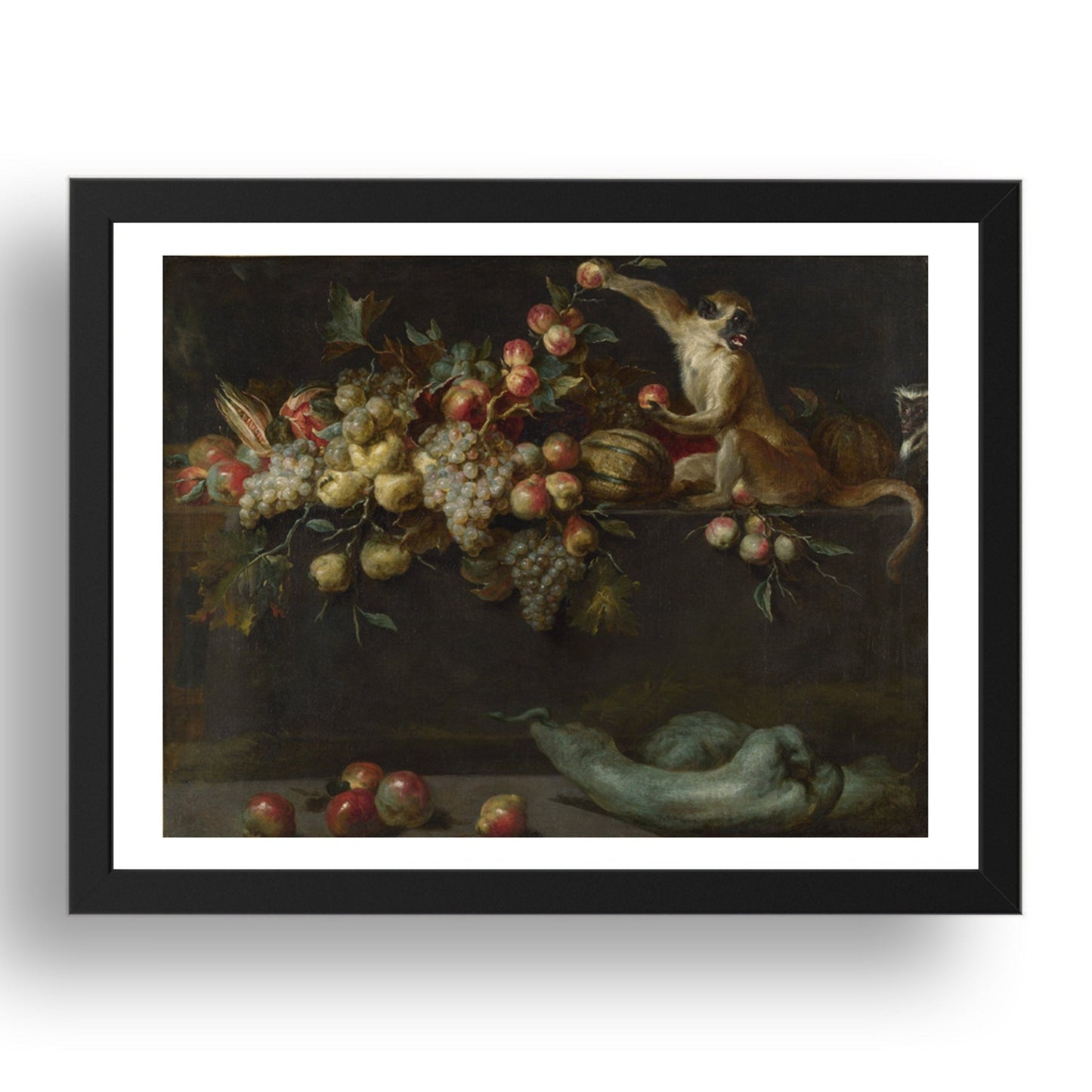 Jan Roos: Still Life of Fruit and Vegetables with Two Monkeys, Poster in 17x13"(A3) Frame