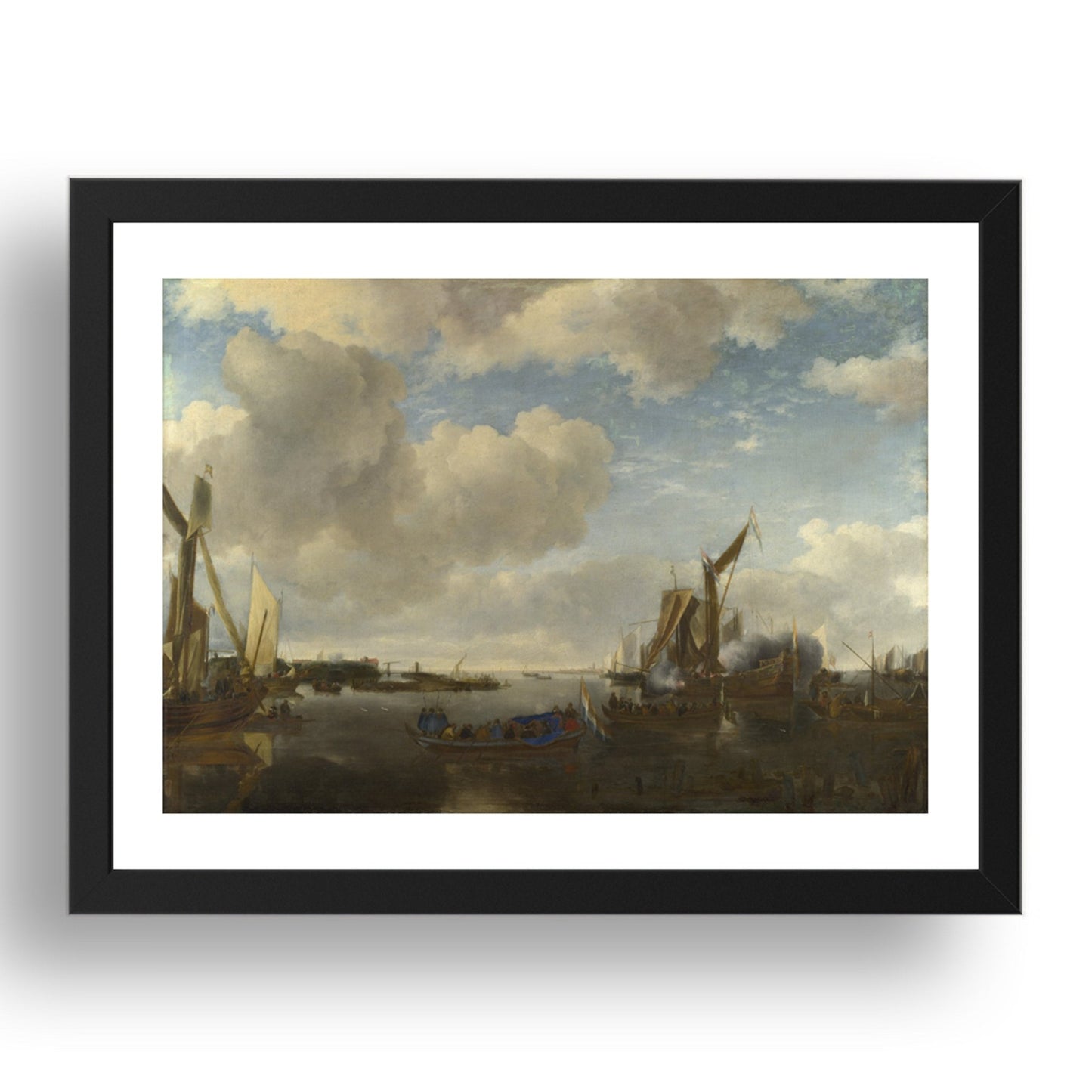 Jan van de Cappelle: A River Scene with a Dutch Yacht firing a Salute, Poster in 17x13"(A3) Frame