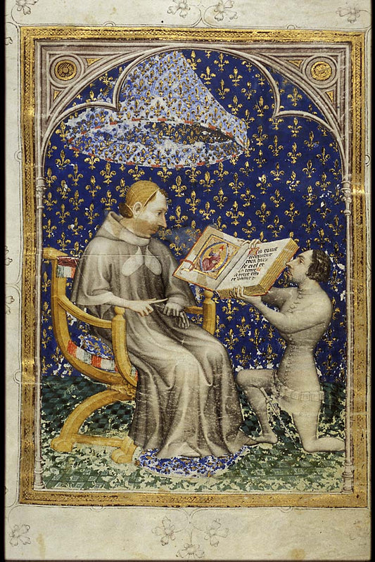 Jean de Vaudetar Presents his Gift of a Book to Charles V of France, vintage artwork by Hennequin de Bruges, 12x8" (A4) Poster