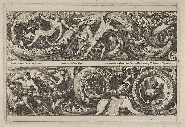 Jean Le Pautre:Two Designs for Friezes with Acanthus Scrolls from: Frises Feuillages ou Tritons Marins à la romaine c1640–82, vintage artwork, 16x12"(A3) Poster Print
