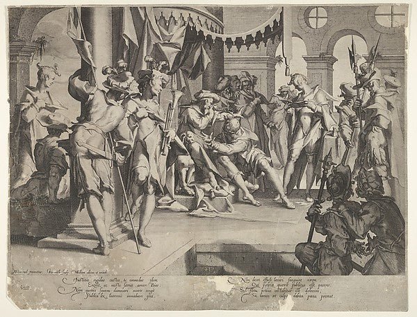Joachim Wtewael , Willem van Swanenburg:Bias weeps and condemns plate IX from Thronus Justitiæ 1605, vintage artwork, 16x12"(A3) Poster Print