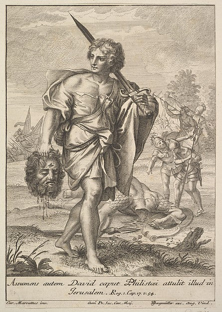 Johann Georg Bergmüller , After Carlo Maratti:David with the Head of Goliath 1705–62, vintage artwork, 16x12"(A3) Poster Print