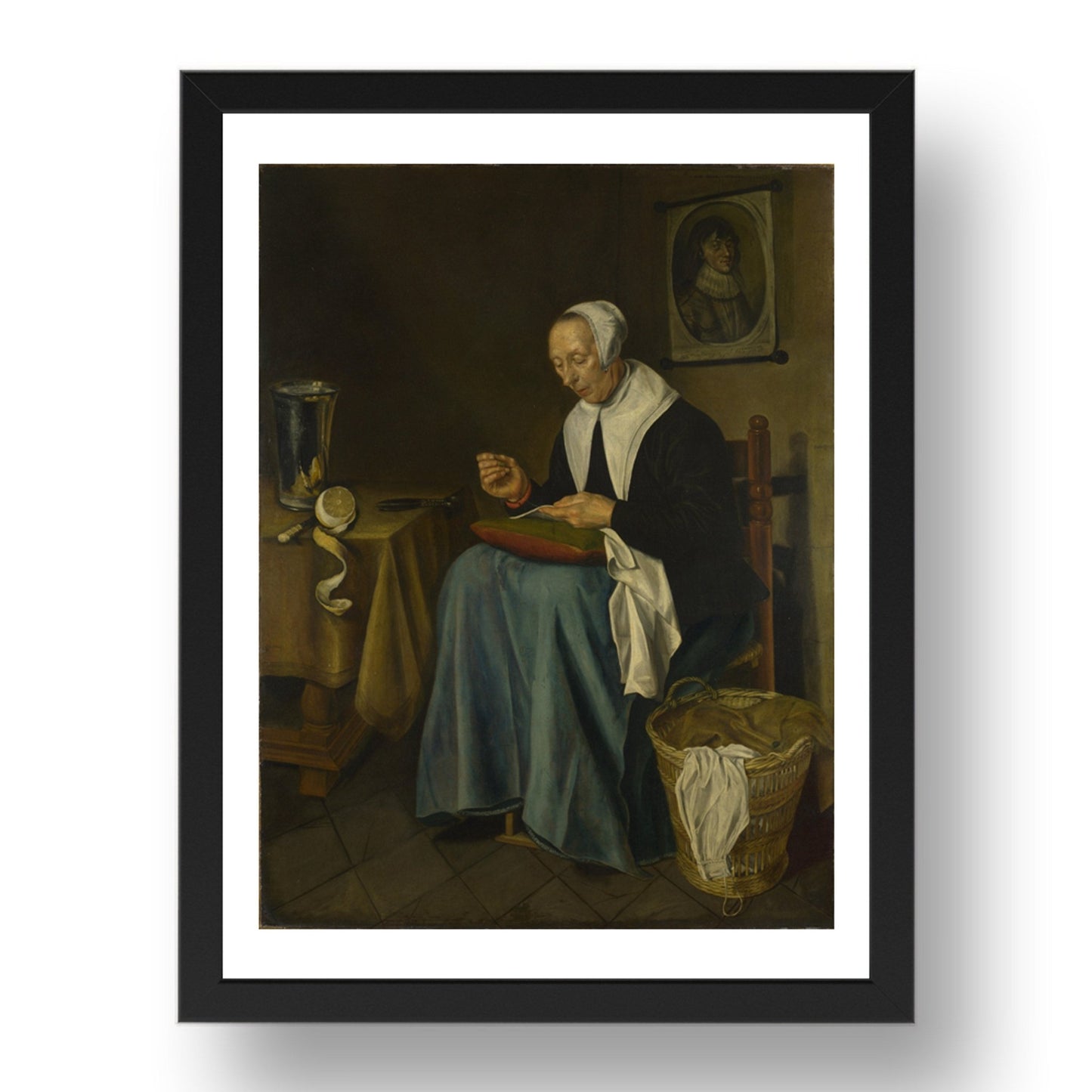 Johannes van der Aack: An Old Woman seated sewing, Poster in 17x13"(A3) Frame