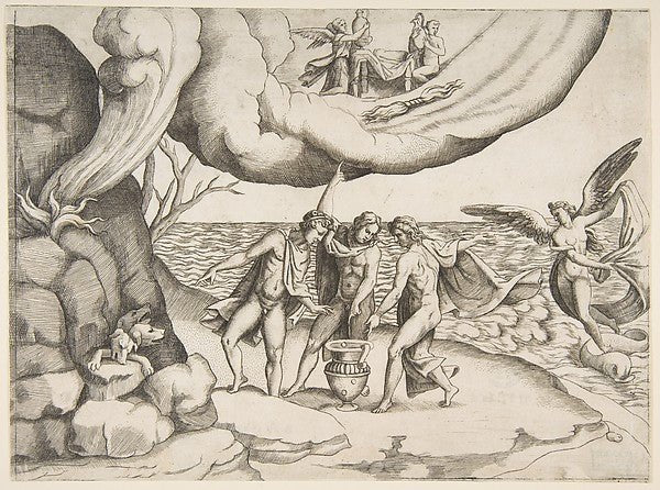 Jupiter Neptune and Pluto dividing the universe 1531–76-Giuli, vintage art, A3 (16x12") Poster Print