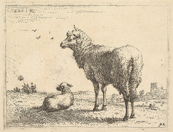 Karel Dujardin:A mature sheep in three-quarters view standing and looking left beside it a lamb lies on the grass c1655, vintage artwork, 16x12"(A3) Poster Print