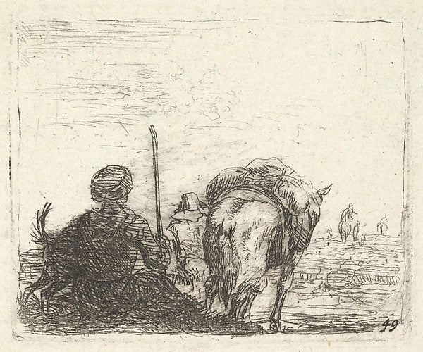 Karel Dujardin:Pack-horse seated man with staff in right hand and dog all viewed from the rear from the series 'The Small Landscapes' c1641–78, vintage artwork, 16x12"(A3) Poster Print