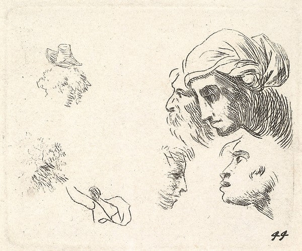 Karel Dujardin:Study of heads in profile view a woman with headcloth and bearded man whose heads overlap above two facing profiles below c1641–78, vintage artwork, 16x12"(A3) Poster Print