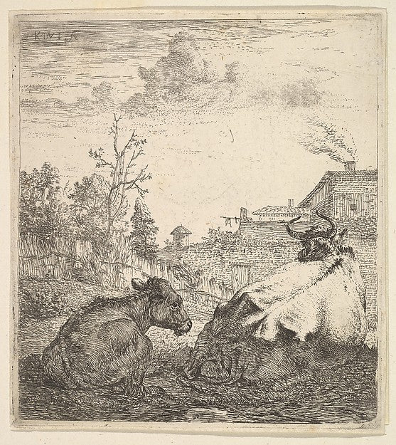 Karel Dujardin:The Cow and the Calf 17th century, vintage artwork, 16x12"(A3) Poster Print