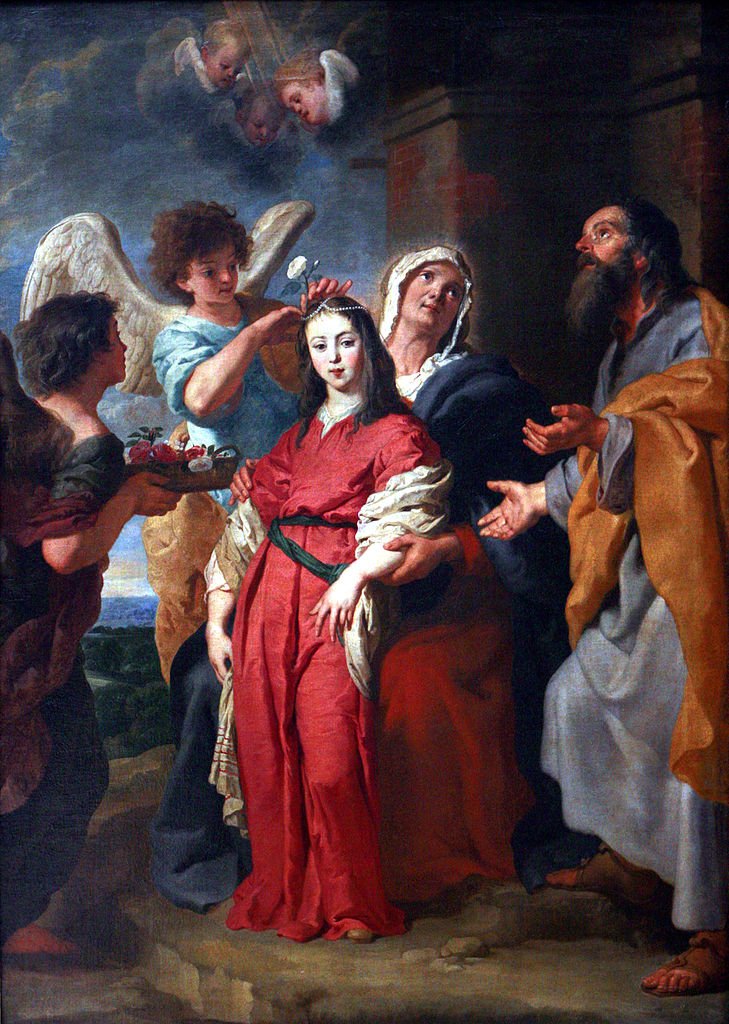 La Vierge adolescente paree par des anges en presence de Joachim et de sainte Anne, vintage artwork by Gaspard de Crayer, 12x8" (A4) Poster