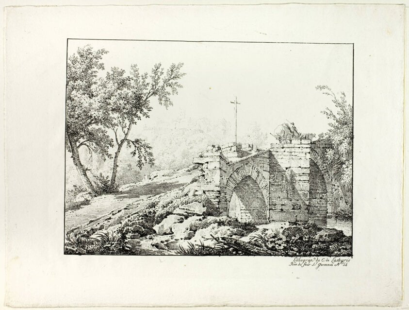 Landscape with Bridge by Achille Etna Michallon (French, 1796-1822),23x16"( A2 size ) Poster Print