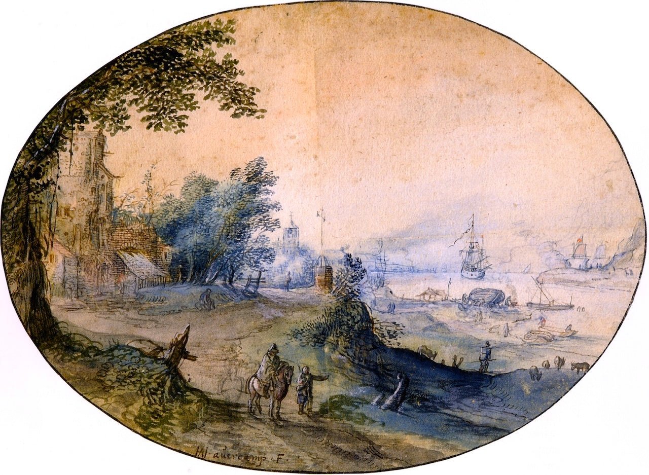 Landscape with Buildings on the Bank of a River, vintage artwork by Hendrick Avercamp, 12x8" (A4) Poster