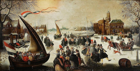 Landscape with frozen canal, skaters and iceboats, vintage artwork by David Vinckboons, 12x8" (A4) Poster