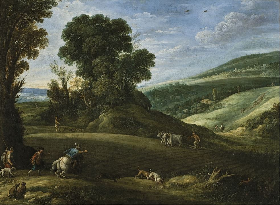 Landscape with Hunters Crossing a Field, vintage artwork by Paul Bril, A3 (16x12") Poster Print