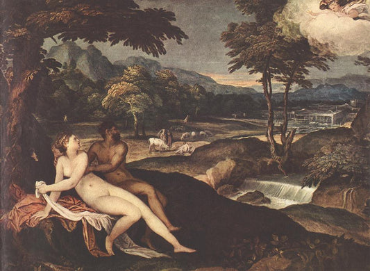 Landscape with Jupiter and Io, vintage artwork by Andrea Schiavone, A3 (16x12") Poster Print