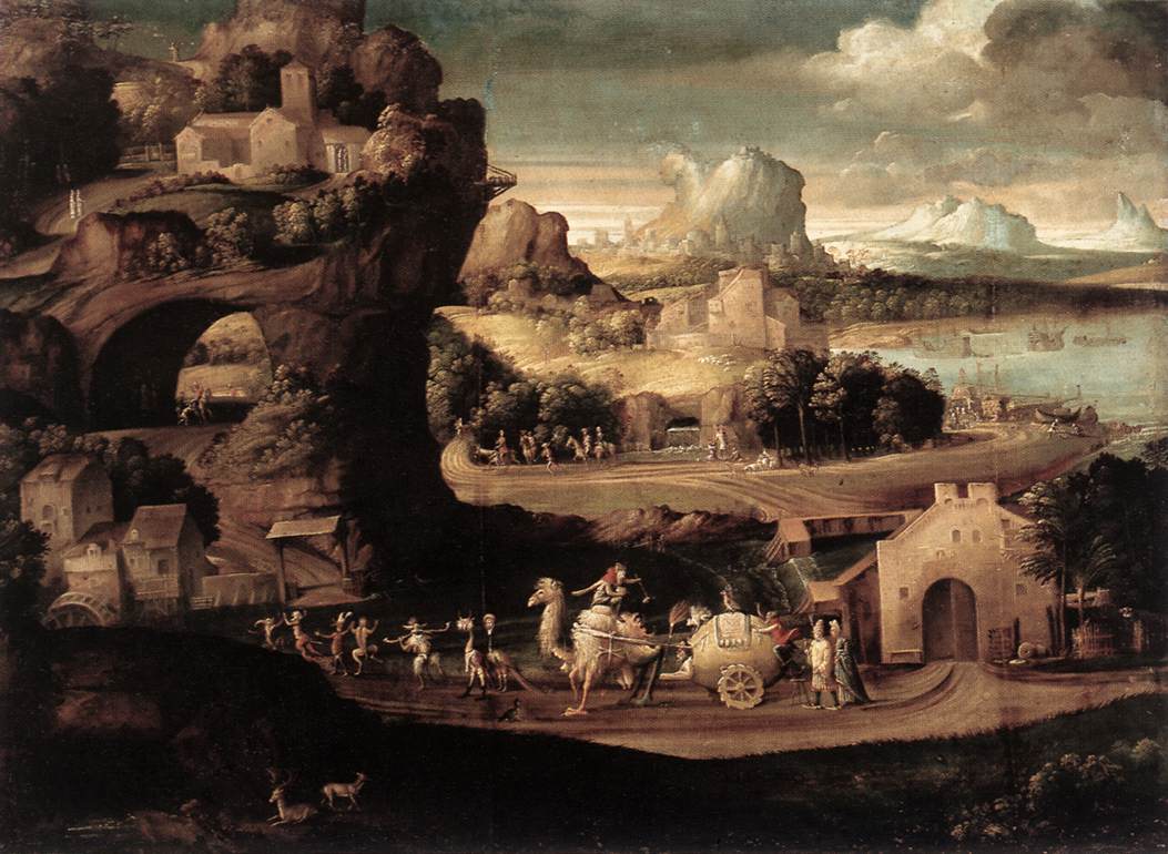 Landscape with Musicians, vintage artwork by Girolamo da Carpi, A3 (16x12") Poster Print