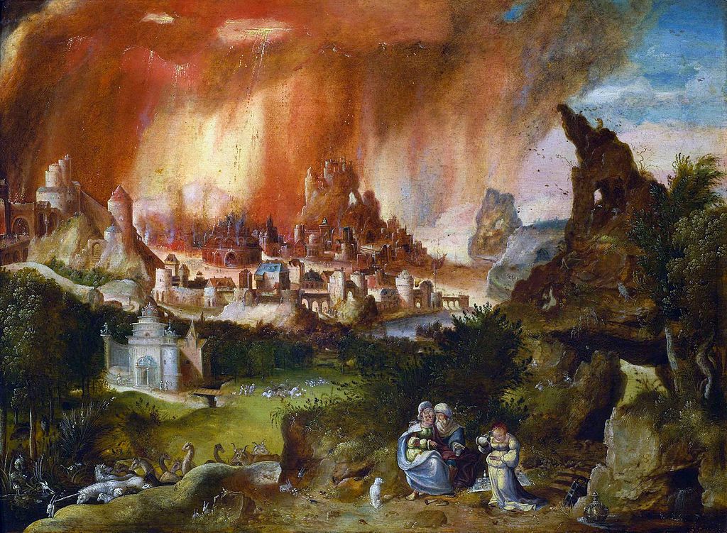 Landscape with Sodom on fire, Lot and his daughters, vintage artwork by Herri met de Bles, A3 (16x12") Poster Print