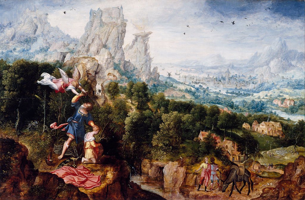 Landscape with the Offering of Isaac, vintage artwork by Herri met de Bles, A3 (16x12") Poster Print