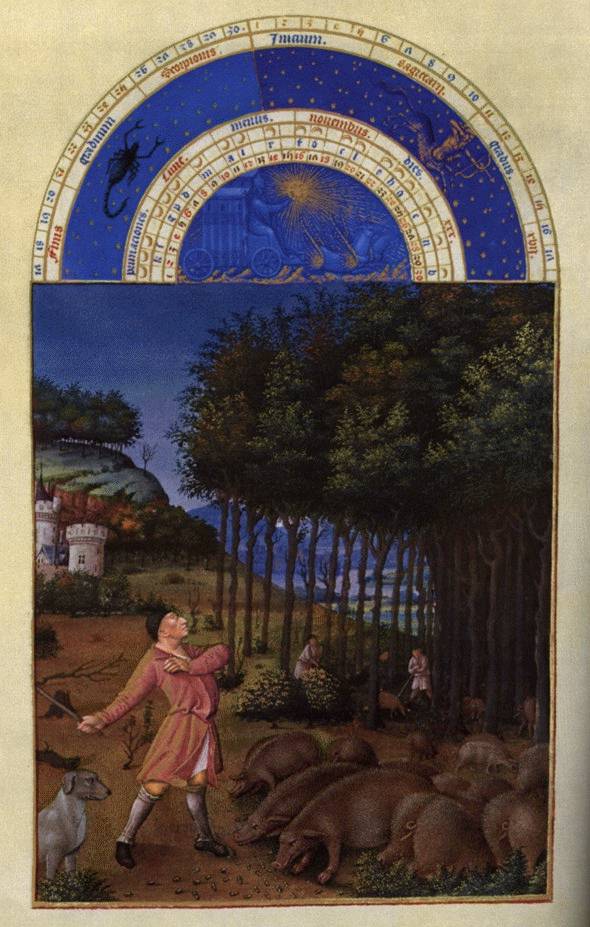 Les Tres Riches Heures du duc de Berry; Novembre, vintage artwork by Limbourg brothers, A3 (16x12") Poster Print