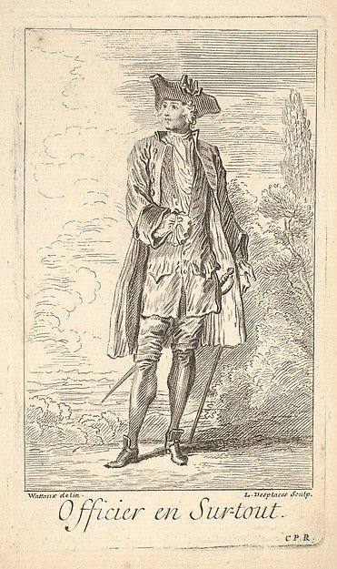 Louis Desplaces , After Antoine Watteau:Man in officer's dress with sword hanging at left hip shown in frontal view with his head turned toward the left trees beyond c1700–1739, vintage artwork, 16x12"(A3) Poster Print