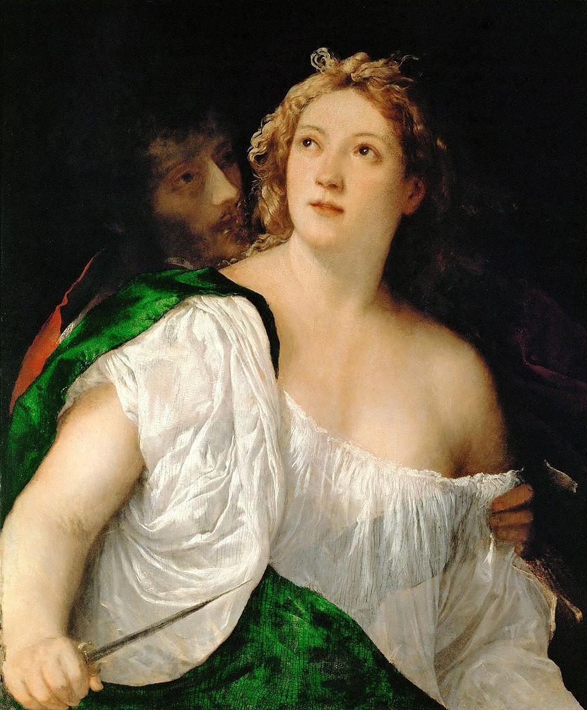 Lucretia and her husband Tarquinius, vintage artwork by Titian, A3 (16x12") Poster Print