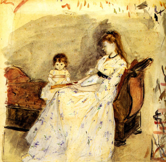Madame  Pontillon and her daughter on a settee by Berthe Morisot, 1872, vintage art, modern poster print