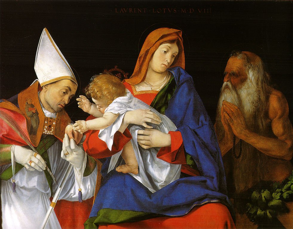 Madonna and Child between Saints Favian and Onuphrius, vintage artwork by Lorenzo Lotto, A3 (16x12") Poster Print