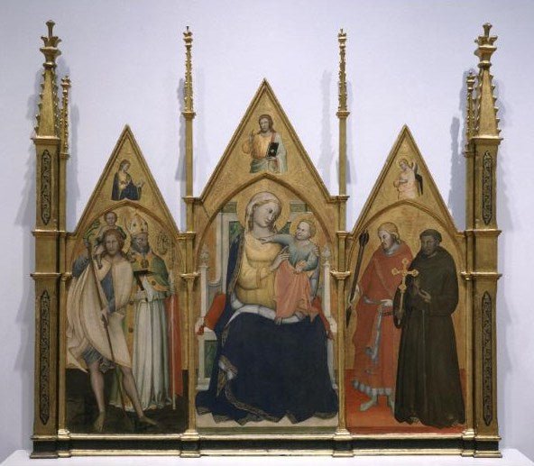 Madonna and Child Enthroned with Saints Christopher, Blaise, Sebastian and Francis, vintage artwork by Lorenzo di Niccolò, A3 (16x12") Poster Print