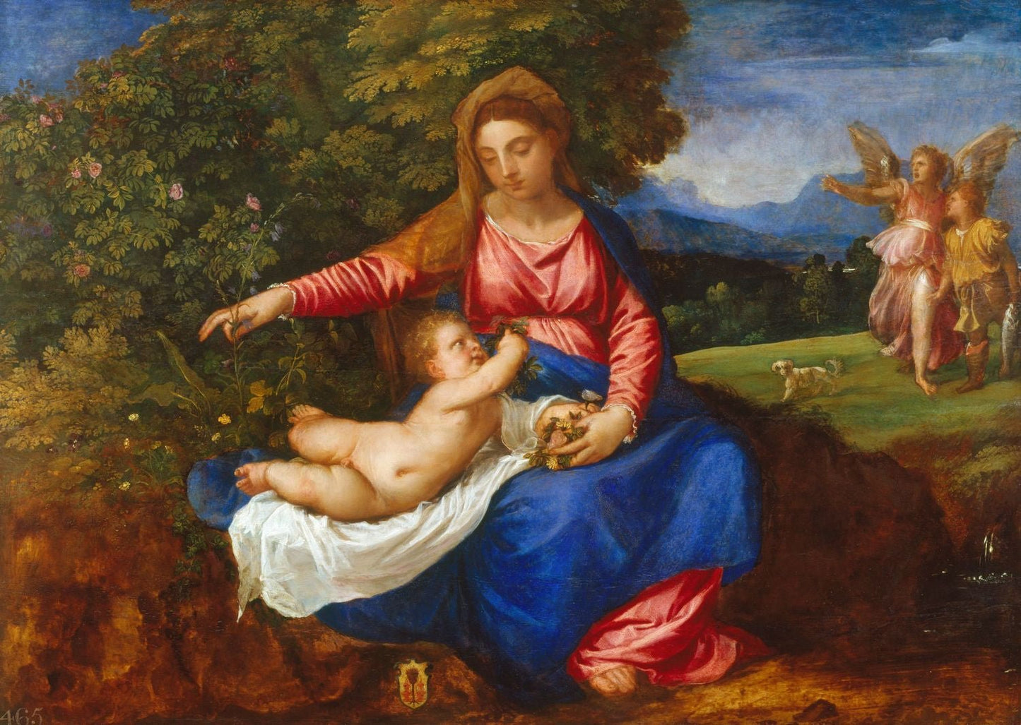 Madonna and Child in a Landscape with Tobias and the Angel, vintage artwork by Titian, A3 (16x12") Poster Print