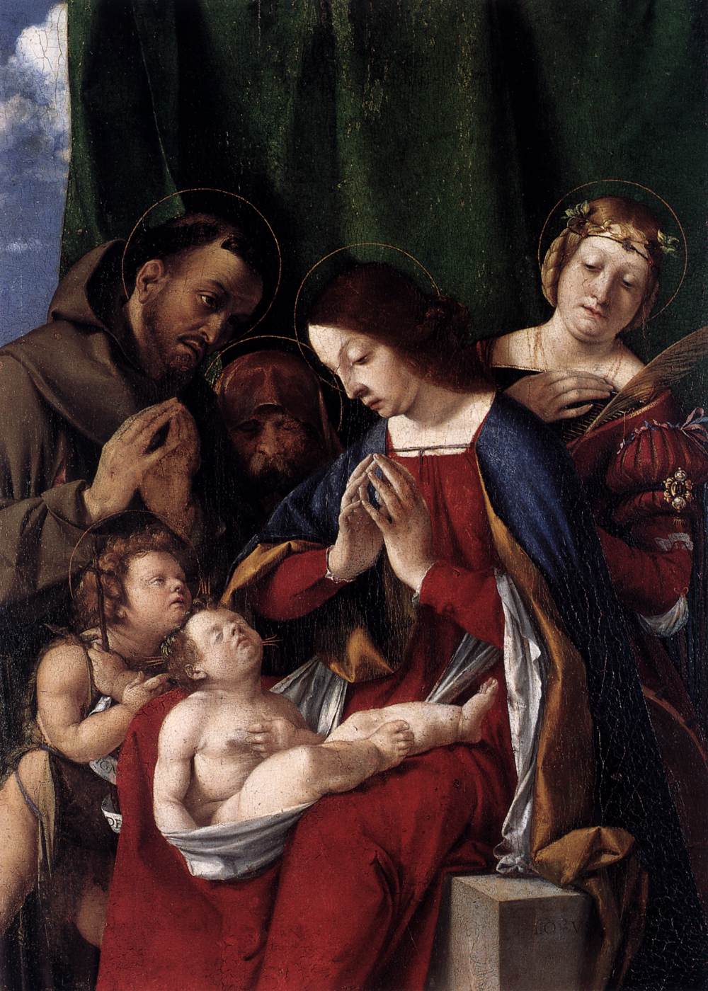 Madonna and Child with Saints Francis, John the Baptist, Jerome and Catherine, vintage artwork by Lorenzo Lotto, A3 (16x12") Poster Print