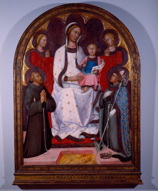 Madonna and Child with Two Angels, St Francis and St Louis of Toulouse, vintage artwork by Paolo di Giovanni Fei, 12x8" (A4) Poster