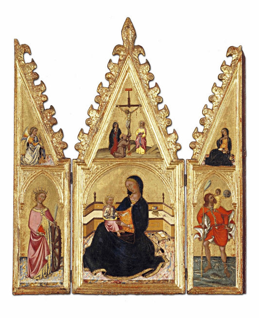 Madonna of Humility with St. Catherine and St. Christopher, The Annunciation, and the Crucifixion, vintage artwork by Niccolò di Buonaccorso, 12x8" (A4) Poster