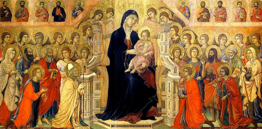 Maestà del Duomo di Siena (central panel:  Madonna with Angels and Saints), vintage artwork by Duccio di Buoninsegna, 12x8" (A4) Poster