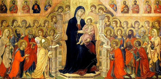 Maestà del Duomo di Siena (central panel:  Madonna with Angels and Saints), vintage artwork by Duccio di Buoninsegna, 12x8" (A4) Poster