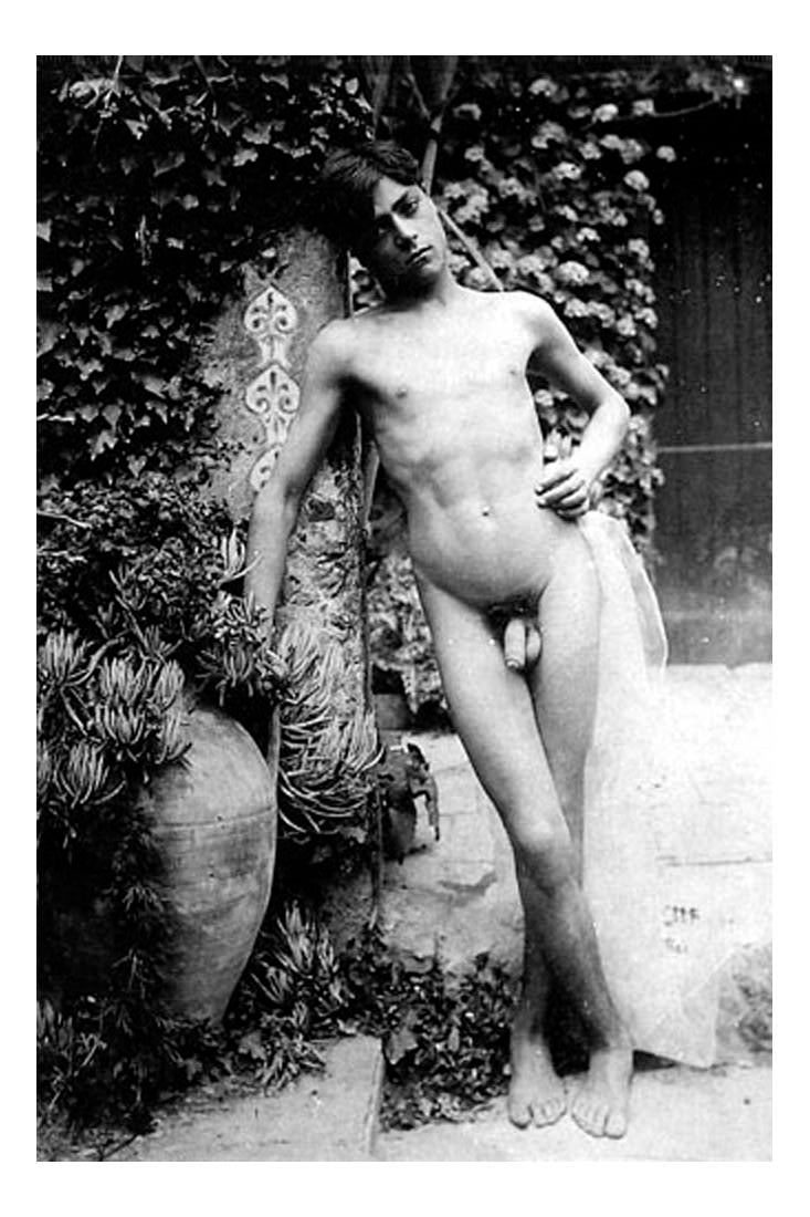 male nude by embossed column, historic photo by Wilhelm von Gloeden, 16x12"(A3) Poster