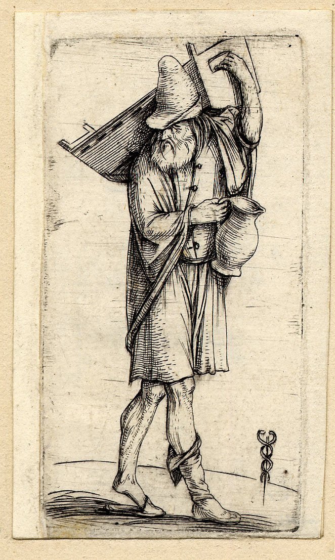 Man holding a cradle on his shoulder and a jug in the other hand, vintage artwork by Jacopo de' Barbari, A3 (16x12") Poster Print