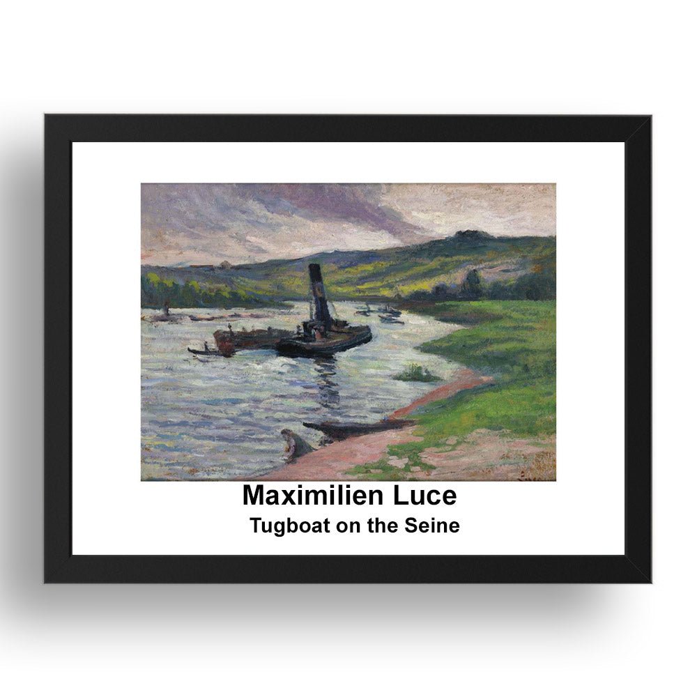 Maximilien Luce: Tugboat on the Seine, vintage impressionist artwork, 17x13"(A3) Frame
