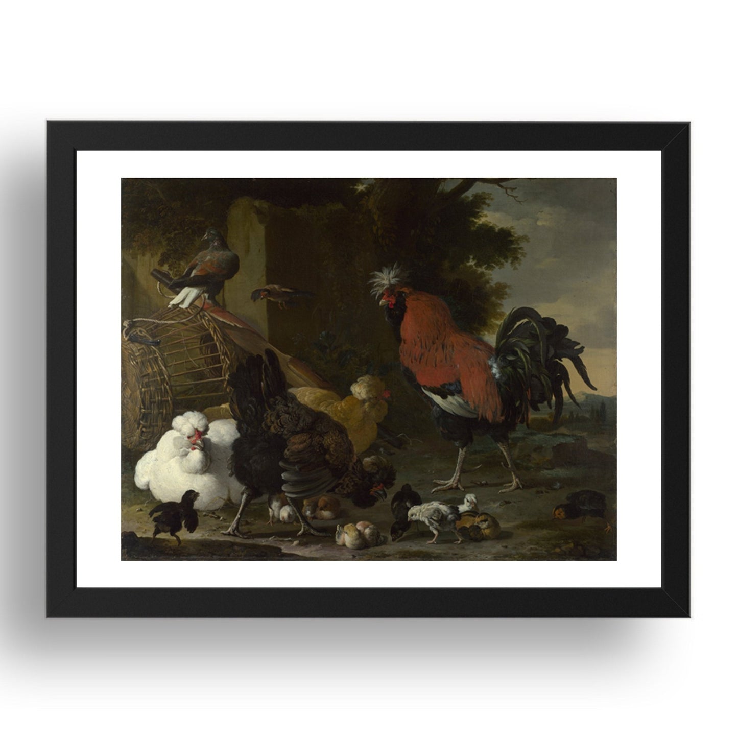 Melchior d'Hondecoeter: A Cock, Hens and Chicks, Poster in 17x13"(A3) Frame