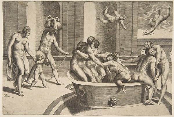 Men and women bathing some embracing 1531–76-Giulio Bonasone , vintage art, A3 (16x12") Poster Print