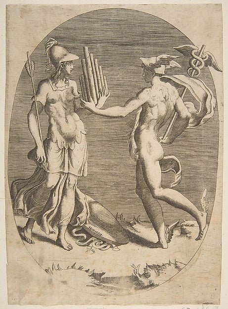 Mercury presenting a panpipe to Minerva who stands at left an, vintage art, A3 (16x12") Poster Print