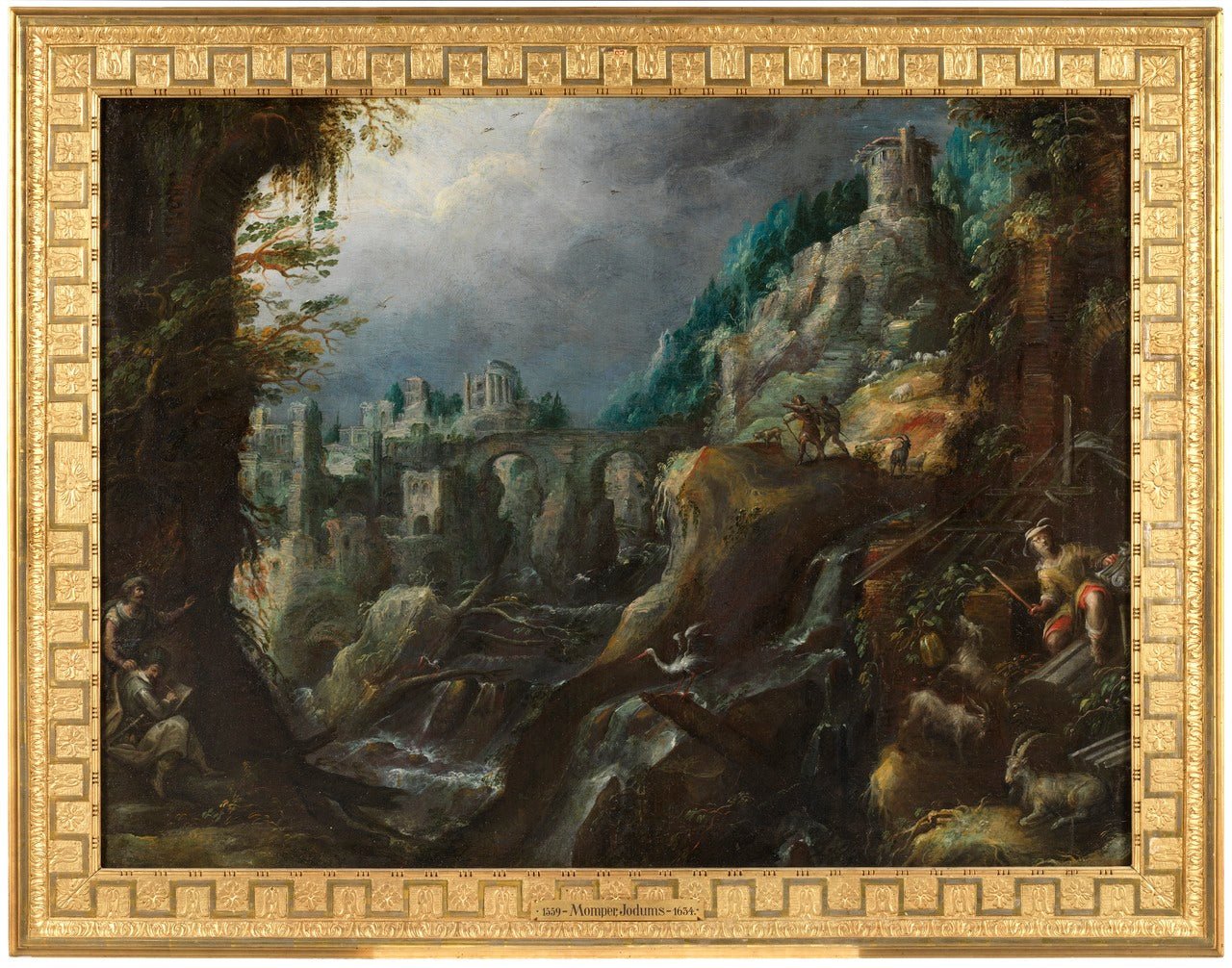 Mountain landscape with abundant river, classical ruins and herds, vintage artwork by Lodewijk Toeput, A3 (16x12") Poster Print