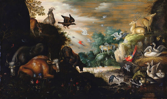 Multitude of Animals and Foul in a Forest Glen, vintage artwork by Roelant Savery, 12x8" (A4) Poster