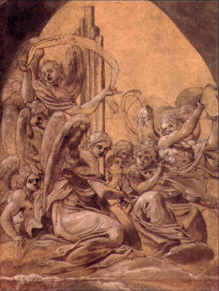 Musician Angels, vintage artwork by Giovanni Francesco Bezzi, 12x8" (A4) Poster