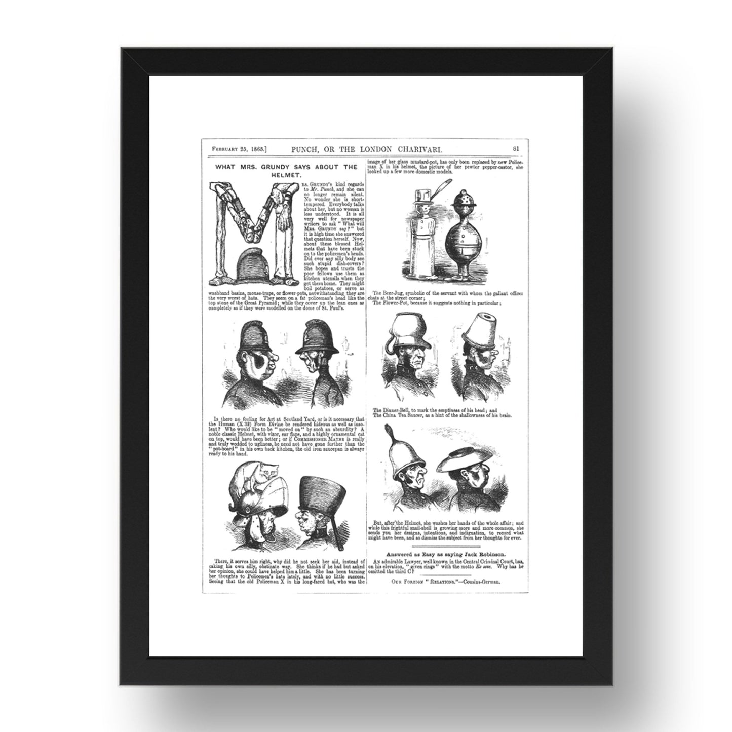 New Police Helmets 1865 cartoon, vintage historic poster in 17x13"(A3) Frame