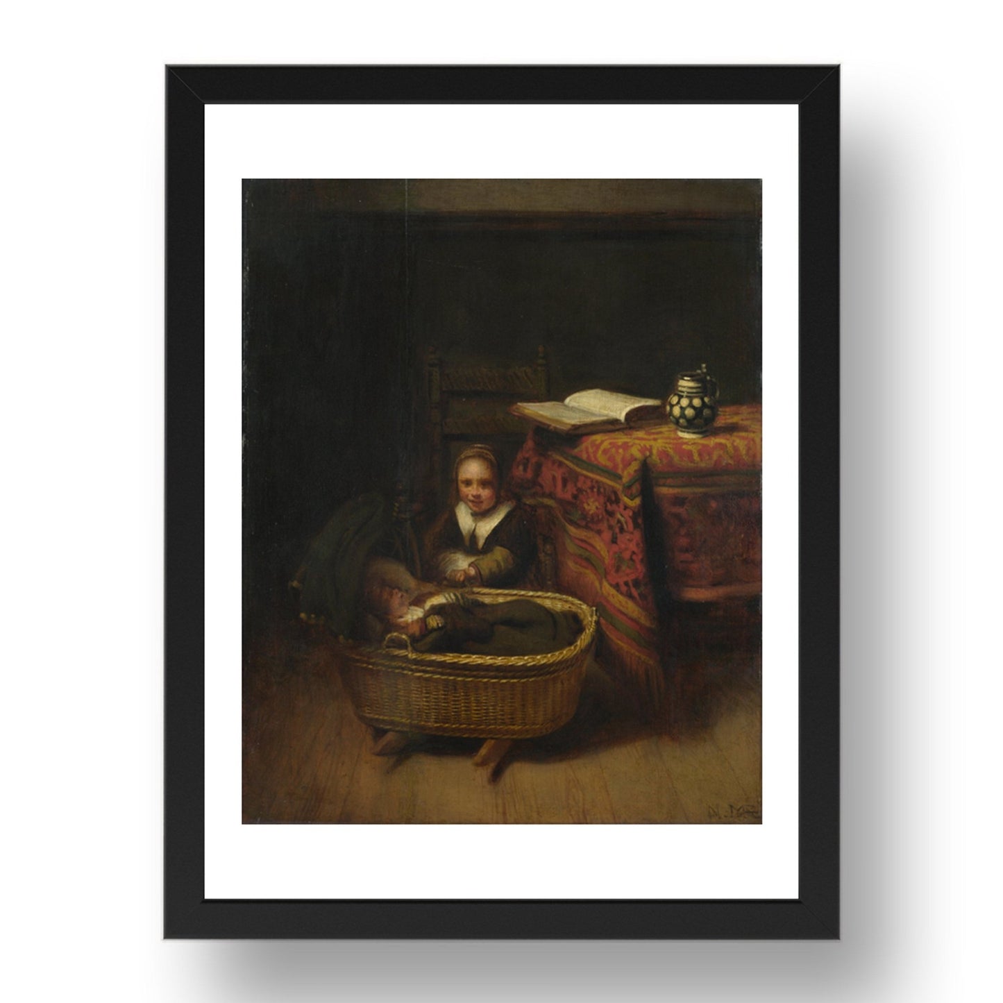 Nicolaes Maes: A Little Girl rocking a Cradle, Poster in 17x13"(A3) Frame