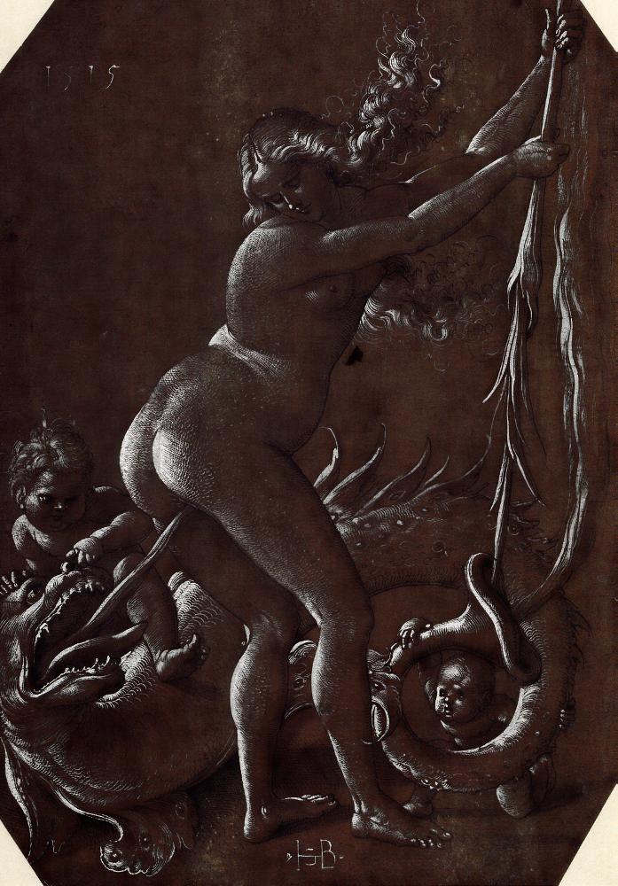 Nude Young Witch Teasing a Fish-Shaped Dragon, vintage artwork by Hans Baldung, A3 (16x12") Poster Print