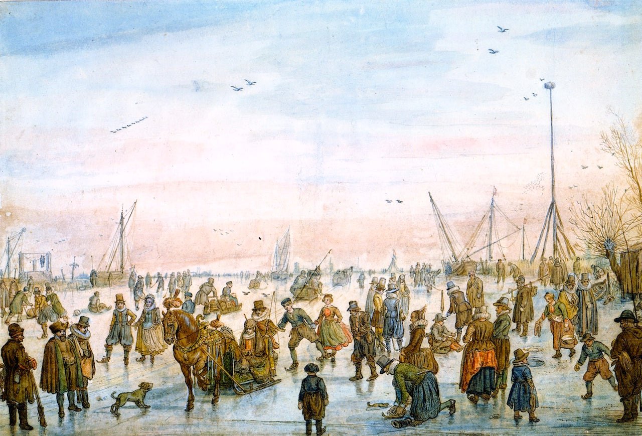 Numerous Figures on the Ice at Sunset, vintage artwork by Hendrick Avercamp, 12x8" (A4) Poster