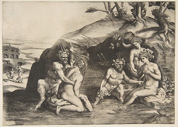 Nymphs and Satyrs bathing 1531–76-Giulio Bonasone , vintage art, A3 (16x12") Poster Print