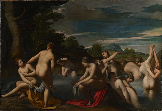 Nymphs at the Bath, vintage artwork by Ippolito Scarsella, 12x8" (A4) Poster