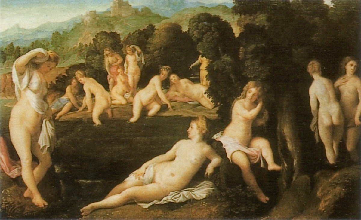 Nymphs bathing, vintage artwork by Palma il Vecchio, A3 (16x12") Poster Print