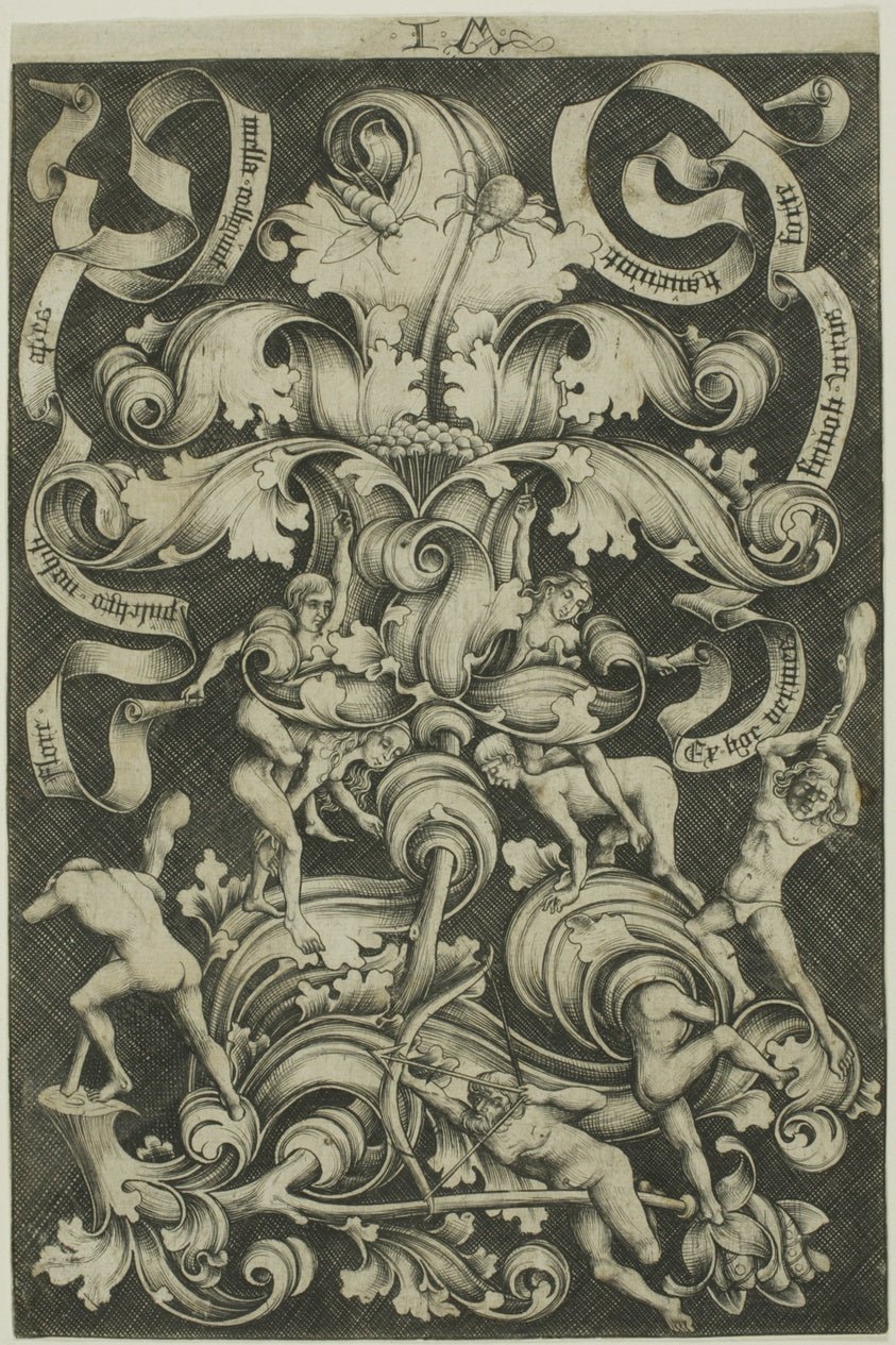 Ornament With Flower and Eight Wild Folk by Israhel van Meckenem, 23x16"( A2 size) Poster Print